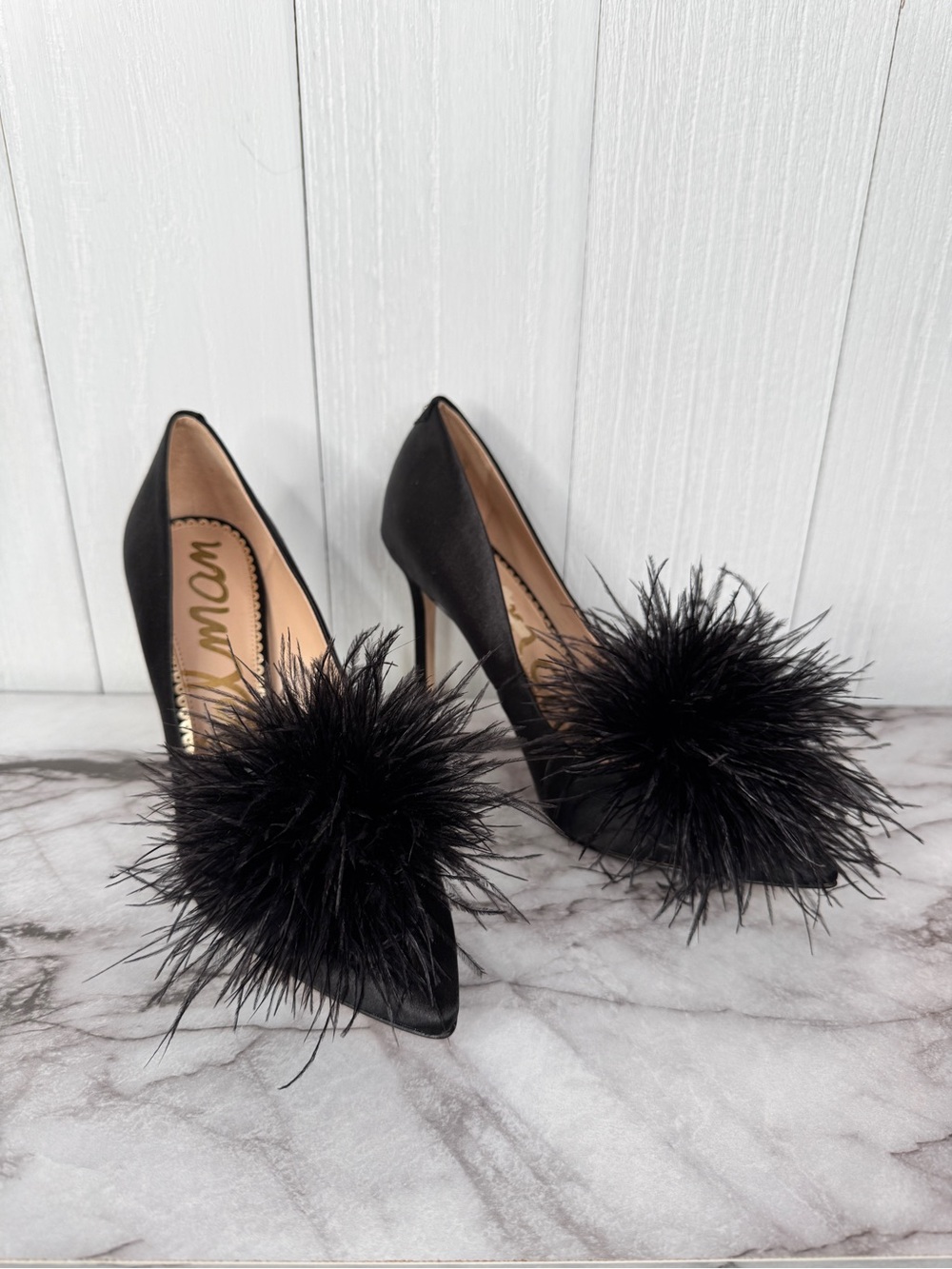 Sam Edelman Black Satin Pom-Pom Stiletto Pumps - Picture 2 of 10